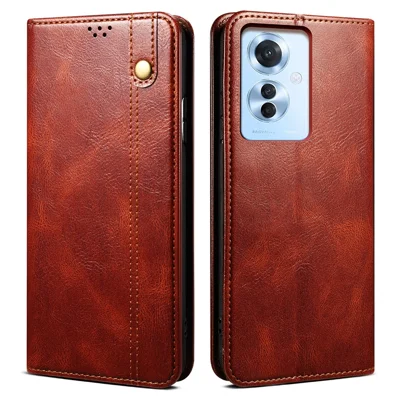 For Oppo Reno11 F 5G / F25 Pro 5G Case Waxy Crazy Horse Texture Card Holder Phone Cover - Brown
