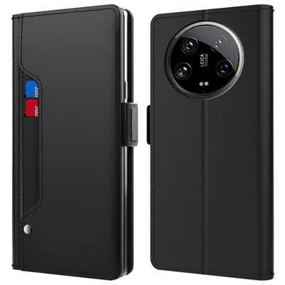 For Xiaomi 14 Ultra Leather Phone Case Magnetic Phone Cover With Mirror PU+TPU Wallet Stand Cover - Black