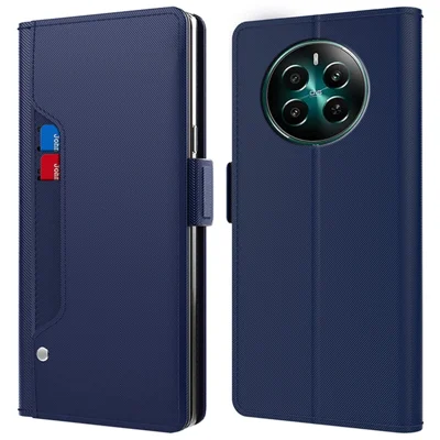For Realme 12 4G / 12+ 5G Phone Case Mirror Design Anti-Scratch Leather Flip Cover - Blue