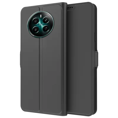 For Realme 12 4G / 12+ 5G Case Card Holder Folding Stand PU Leather Phone Cover - Black