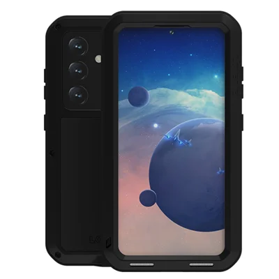 LOVE MEI For Samsung Galaxy S24 Case Metal+Silicone Phone Cover with Tempered Glass Film - Black