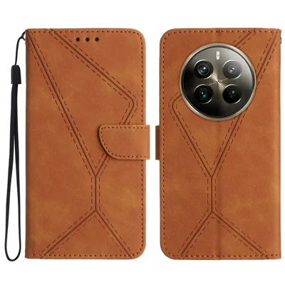 HT05 For Realme 12 4G / 12+ 5G Wallet Case PU Leather Stand Phone Cover Lines Imprinted - Brown
