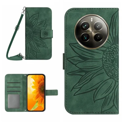 HT04 For Realme 12 4G / 12+ 5G Crossbody Case Sunflower PU Leather Flip Wallet Phone Cover - Dark Green
