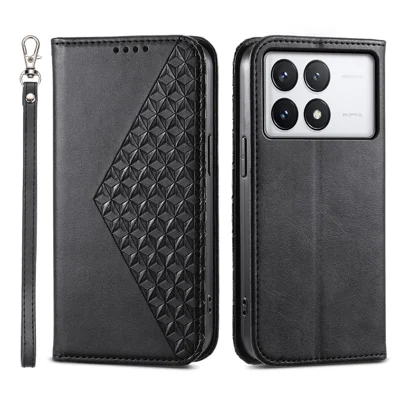 For Xiaomi Redmi K70E 5G / Poco X6 Pro 5G Imprinted Wallet Phone Stand Case PU Leather+TPU Cell Phone Cover - Black