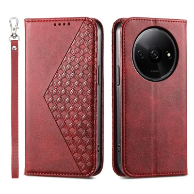 For Xiaomi Redmi A3 / Poco C61 4G Case PU Leather+TPU Rhombus Imprinted Phone Cover Wallet - Red