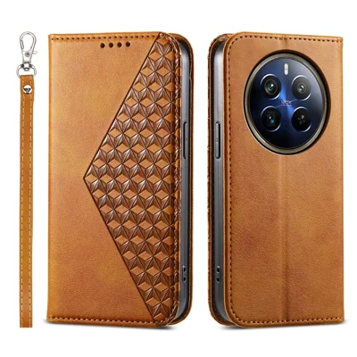 For Realme 12 Pro 5G / Realme 12 Pro+ 5G Case Rhombus Imprinted PU Leather+TPU Phone Cover - Yellow