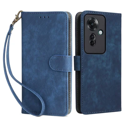 For Oppo Reno11 F 5G / F25 Pro 5G Wallet Case RFID Blocking Phone Cover with Wrist Strap - Blue