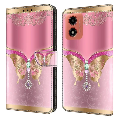 For Motorola Moto E14 4G / G04 4G / G04s 4G / G24 4G Cover 3D Pattern Printing Wallet Leather Phone Case - Pink / Gold Butterfly