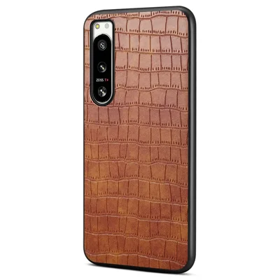 For Sony Xperia 5 IV 5G Case Crocodile Texture Leather Anti-Scratch Back Cover - Brown