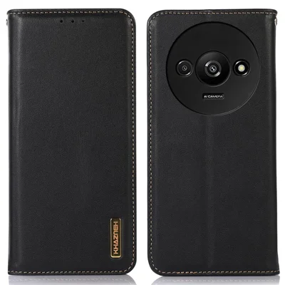 KHAZNEH For Xiaomi Redmi A3 / Poco C61 4G Wallet Case Genuine Cow Leather Stand Phone Cover Nappa Texture - Black