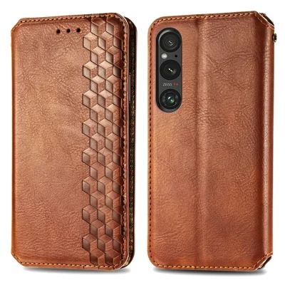 For Sony Xperia 1 V PU Leather Case Rhombus Imprint Wallet Stand Phone Cover - Brown