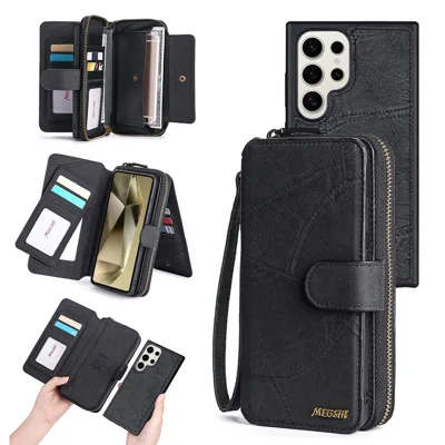 MEGSHI 004 Series For Samsung Galaxy S24 Ultra PU Leather Zipper Wallet Stand Cover Detachable Phone Case with Mirror - Black