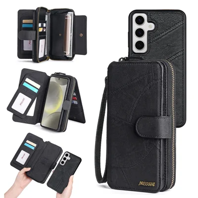 MEGSHI 004 Series For Samsung Galaxy S24+ Detachable Magnetic Leather Zipper Wallet Stand Cover Case with Mirror - Black