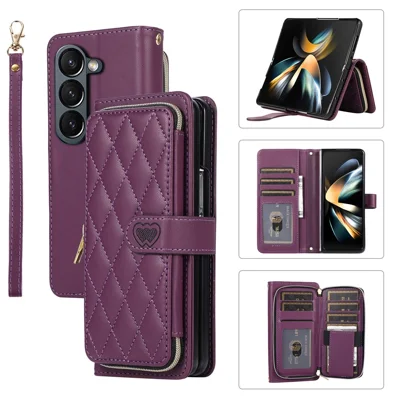 For Samsung Galaxy Z Fold5 5G Case Zipper Wallet Rhombus Leather Cover with Wrist Strap - Dark Purple