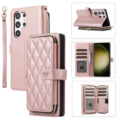 For Samsung Galaxy S23 Ultra Case with Hand Strap Rhombus Zipper Leather Phone Cover - Rose Gold