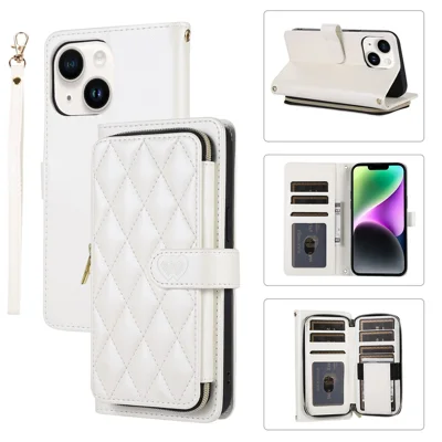 For iPhone 14 Case Leather Handbag Magnetic Closure Zipper Pocket Phone Cover - White