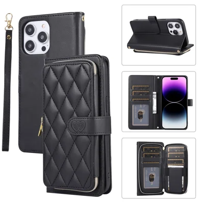 For iPhone 14 Pro Max Wallet Case Folio PU Leather Stand Rhombus Phone Cover with Hand Strap - Black