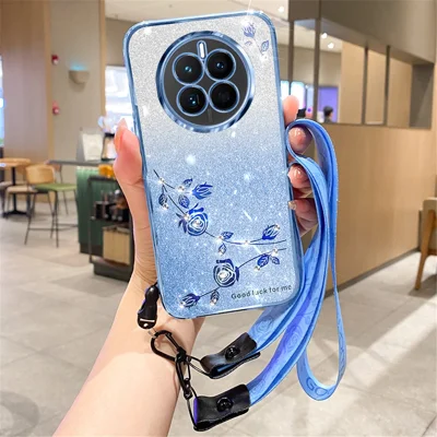 KADEM For Realme 12 Pro 5G / 12 Pro+ 5G Case Aesthetic Glitter TPU Phone Cover with Lanyard - Blue