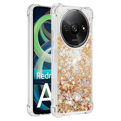 For Xiaomi Redmi A3 4G / Poco C61 4G TPU Case Glitter Quicksand Shockproof Phone Back Cover - Gold / Hearts