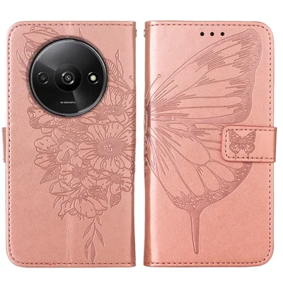 For Xiaomi Redmi A3 4G / Poco C61 4G Wallet Case with Wrist Strap Butterfly Imprint Leather Phone Cover - Rose Gold
