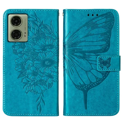 For Motorola Moto E14 4G / G04 4G / G04s 4G / G24 4G Wallet Case with Wrist Strap Butterfly Imprint Leather Phone Cover - Blue