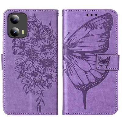 For Motorola Moto G Play 5G (2024) / Moto G 5G (2024) Wallet Case with Wrist Strap Butterfly Imprint Leather Phone Cover - Purple