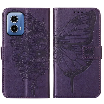 For Motorola Moto G45 5G / G34 5G Wallet Case with Wrist Strap Butterfly Imprint Leather Phone Cover - Dark Purple