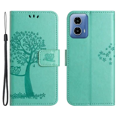 For Motorola Moto E14 4G / G04 4G / G04s 4G / G24 4G Wallet Case Owl Tree Pattern PU Leather Phone Cover - Cyan