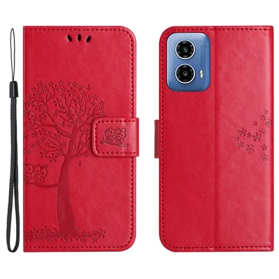 For Motorola Moto E14 4G / G04 4G / G04s 4G / G24 4G Wallet Case Owl Tree Pattern PU Leather Phone Cover - Red