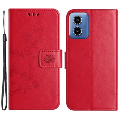 For Motorola Moto E14 4G / G04 4G / G04s 4G / G24 4G Wallet Case PU Leather Stand Butterfly Flower Phone Cover - Red