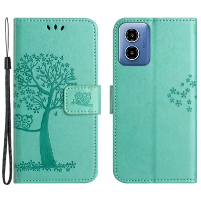 For Motorola Moto E14 4G / G04 4G / G04s 4G / G24 4G Leather Case Wallet Phone Cover Imprinted Owl Tree - Cyan