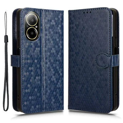 For Realme C67 4G Wallet Case Dots Imprinted Leather Stand Phone Cover - Dark Blue