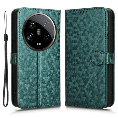 For Xiaomi 14 Ultra Case Dots Imprinted PU Leather Wallet Stand Phone Cover - Green
