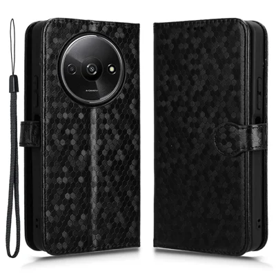 For Xiaomi Redmi A3 / Poco C61 4G Case Dots Imprinted PU Leather Viewing Stand Phone Cover - Black