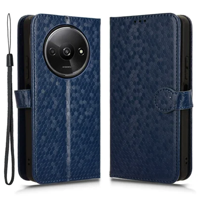 For Xiaomi Redmi A3 / Poco C61 4G Case Dots Imprinted PU Leather Viewing Stand Phone Cover - Dark Blue