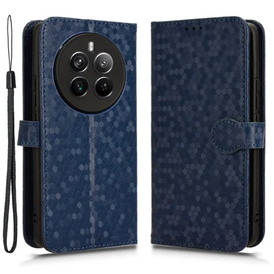 For Realme 12 4G / 12+ 5G Case Dots Imprinted PU Leather Mobile Phone Cover with Viewing Stand - Dark Blue