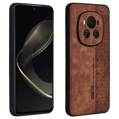AZNS For Honor Magic6 5G Case Imprinted PU Leather Coated TPU Protective Phone Cover - Brown