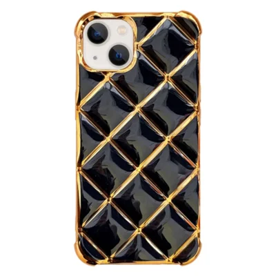 For iPhone 13 TPU Case Diamond Pattern Phone Cover Electroplating Golden Edge - Black