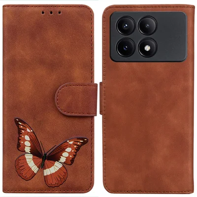 For Xiaomi Poco X6 Pro 5G / Redmi K70E 5G Anti-Scratch Phone Case Butterfly Printing Leather Flip Cover - Brown