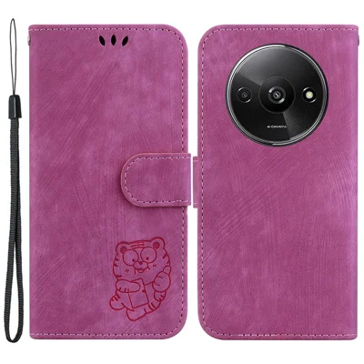 For Xiaomi Redmi A3 / Poco C61 4G Case Leather Protective Cover Tiger Imprint Phone Shell with Hand Strap - Red