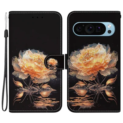 For Google Pixel 9 Pro XL Case PU Leather Wallet Design Pattern Printing Phone Cover - Gold Peony