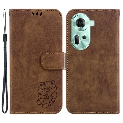 For Oppo Reno11 5G (Global) Cell Phone Case Tiger Imprinted Drop Protection PU Leather Stand Cover - Brown