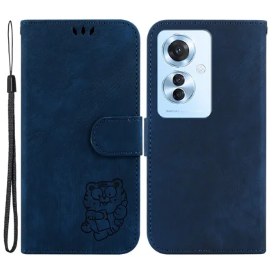 For Oppo Reno11 F 5G / F25 Pro 5G Cell Phone Case Lovely Tiger Imprinted Leather Anti-scratch Cover - Dark Blue