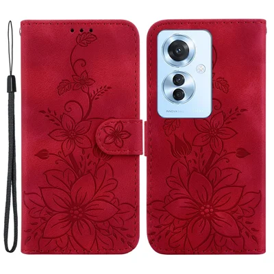 For Oppo Reno11 F 5G / F25 Pro 5G Case Phone Leather Wallet Lily Flower Imprint Full Protection Shell - Red