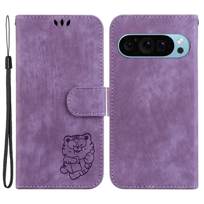 For Google Pixel 9 / Pixel 9 Pro Cell Phone Case Lovely Tiger Imprinted Leather Anti-Scratch Cover - Purple