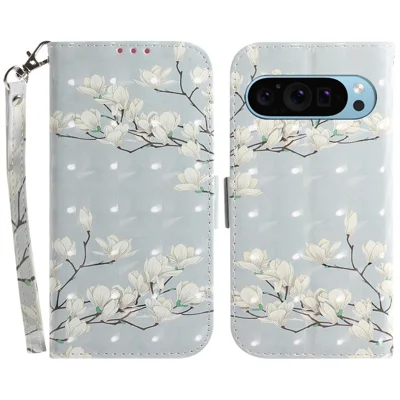 For Google Pixel 9 / Pixel 9 Pro Phone Case Pattern Printed Anti-Drop Leather Folio Flip Cover with Strap - Magnolia
