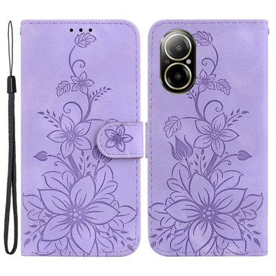 For Realme C67 4G Case Flower Imprint Leather Cell Phone Protector - Purple