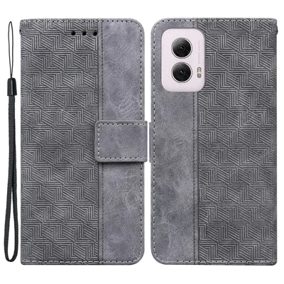 For Motorola Moto G Power (2024) Case 3D Geometry Leather Wallet Phone Cover with Strap - Grey