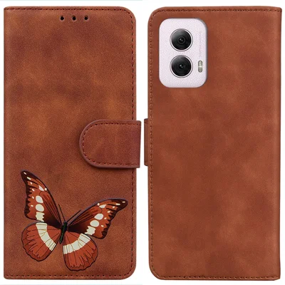 For Motorola Moto G Power (2024) Case Folio Design Butterfly Printing Leather Phone Cover - Brown