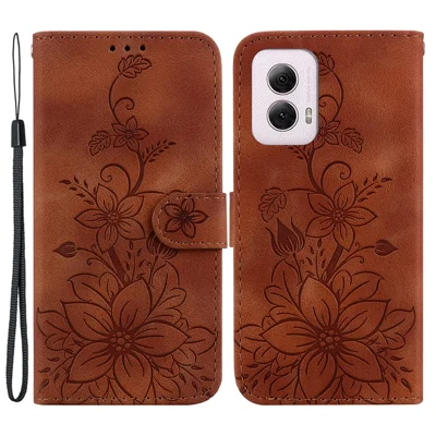 For Motorola Moto G Power (2024) Case Flower Imprint Leather Cell Phone Cover - Brown